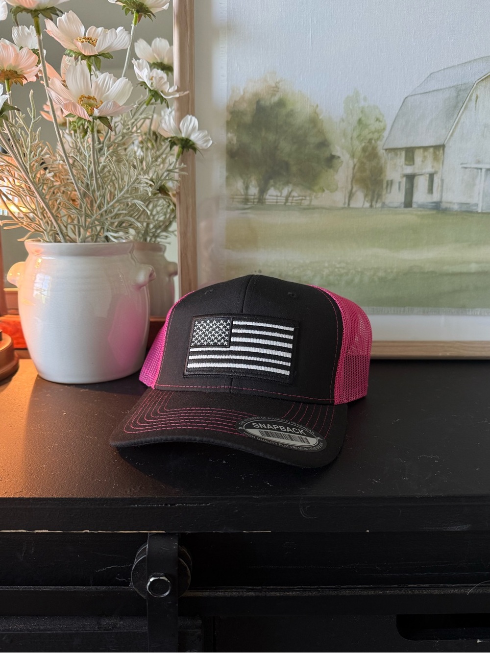 Black and Pink Mesh Trucker Hat with American Flag Patch